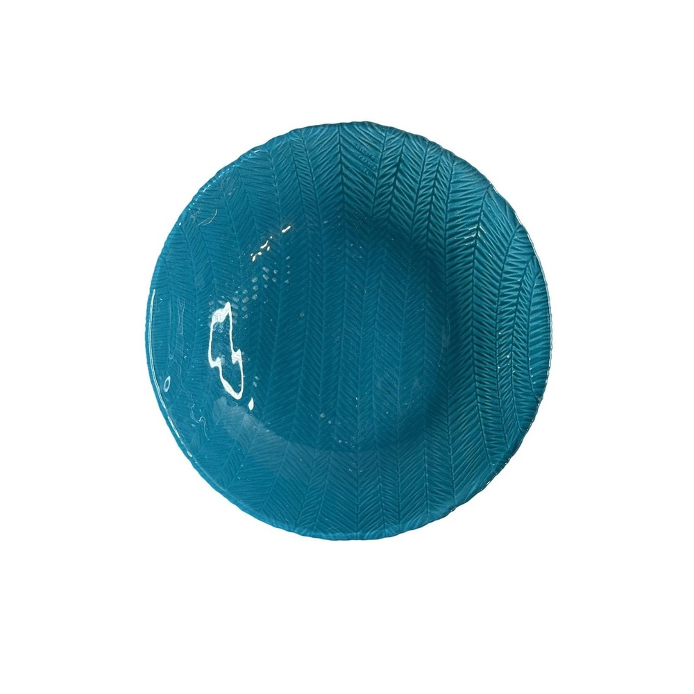 Arcoroc France Teal Herringbone Textured Glass Bowl Dish Chevron Pattern Small